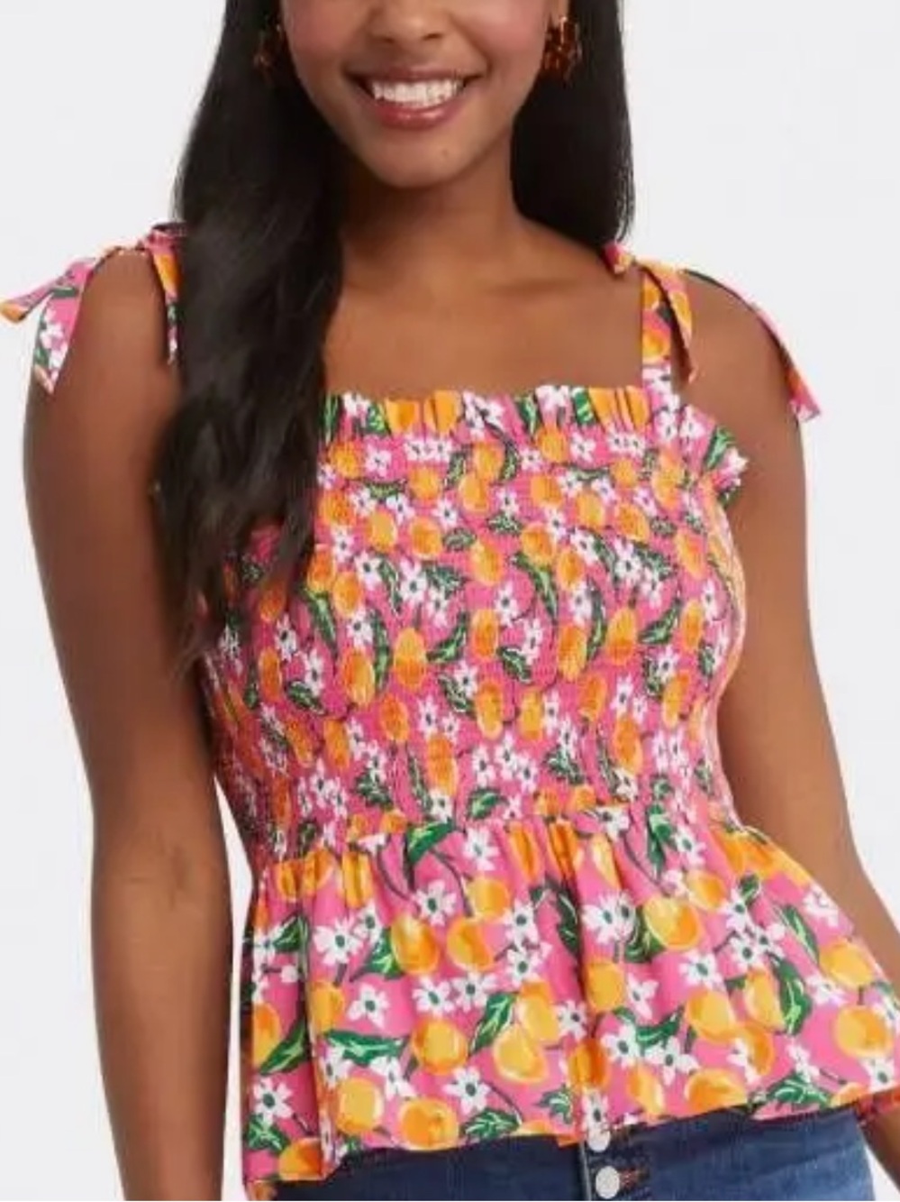 Draper James Taylor Tie-Shoulder Smocked Peplum Orange Blossom Pink Floral Top S